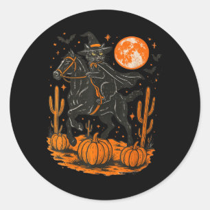 Pegatina Redonda Bruja Gato Negro Montando Caballo Calabaza Hallowe