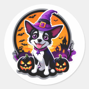 Pegatina Redonda Bruja Gorro Cachorro Adorable Halloween 🎃