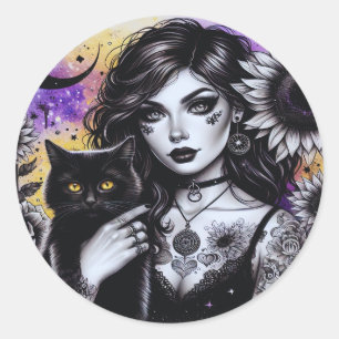 Pegatina Redonda Bruja gótica celestial y gato negro