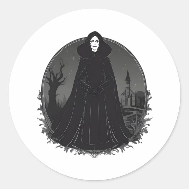 Pegatina Redonda Bruja gótica salem a medianoche (Anverso)
