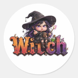 Pegatina Redonda Bruja Gruñona Sticker de Halloween Bruja Cute Chib