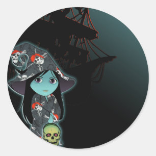 Pegatina Redonda Bruja Lil' en Pirate Robe Halloween
