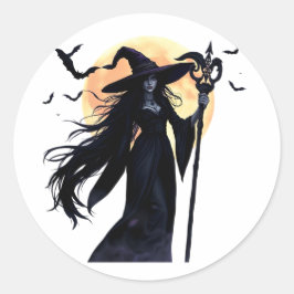 Pegatina Redonda Bruja mística bajo una luna llena