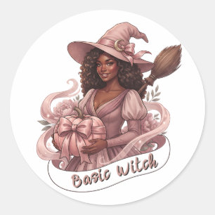 Pegatina Redonda Bruja Negra Básica Magia Rosa Calabaza