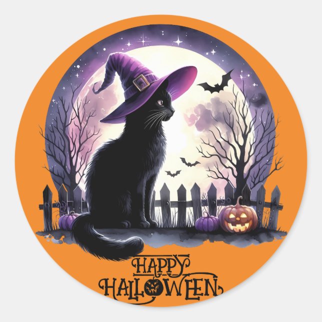Pegatina Redonda Bruja negra de gato y murciélagos de Halloween (Anverso)