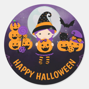 Pegatina Redonda Bruja niña linda y calabazas feliz Halloween
