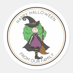Pegatina Redonda Bruja o trébol con pelo rizado Halloween
