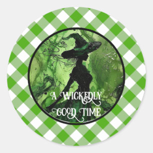 Pegatina Redonda Bruja pintada malvadamente bien Verde Gingham Plai