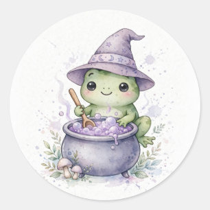Pegatina Redonda Bruja Rana con Halloween de Caldero