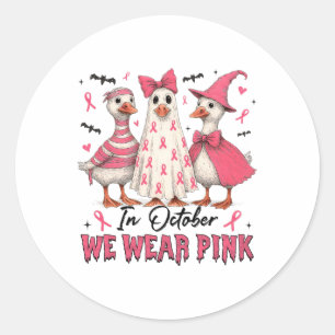 Pegatina Redonda Bruja Rosa De Ganso En Octubre Usamos Calabaza