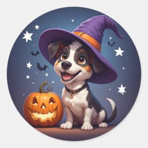 Pegatina Redonda Bruja Sombrero De Cachorro Lindo Y Calabaza De Hal
