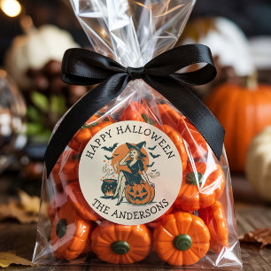 Pegatina Redonda Bruja ventilado personalizado de Halloween en los 