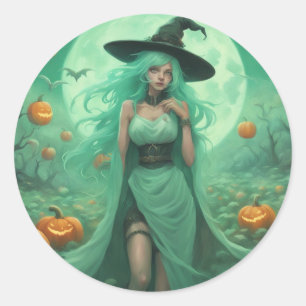 Pegatina Redonda Bruja verde menta en parcela de calabazas