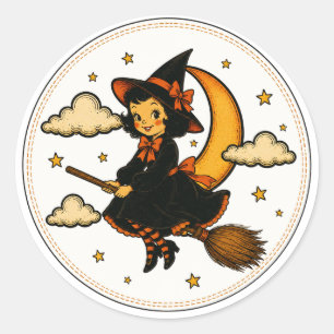 Pegatina Redonda Bruja Vintage Montando Escoba Halloween