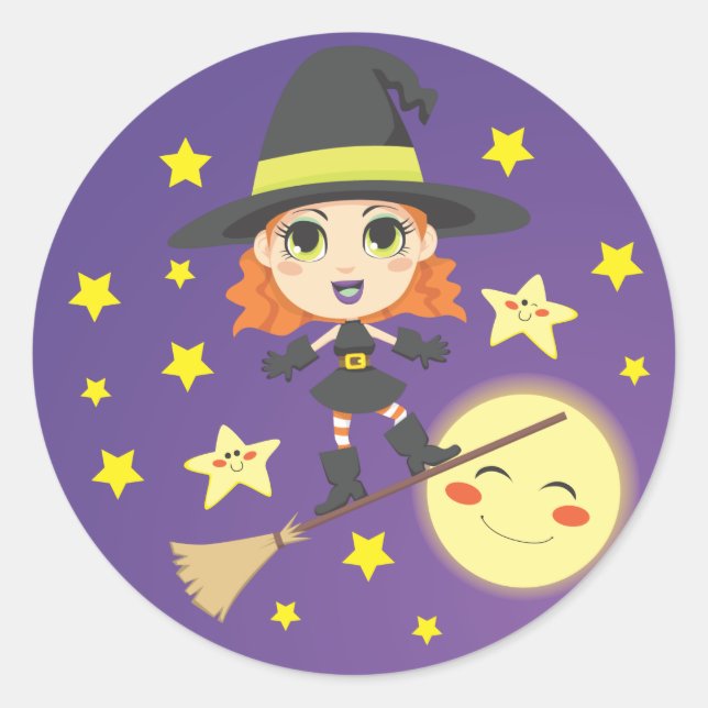 Pegatina Redonda Bruja voladora (Anverso)