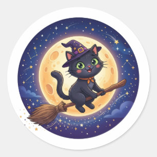 Pegatina Redonda Bruja Voladora Adorable Gato Negro Luna Halloween