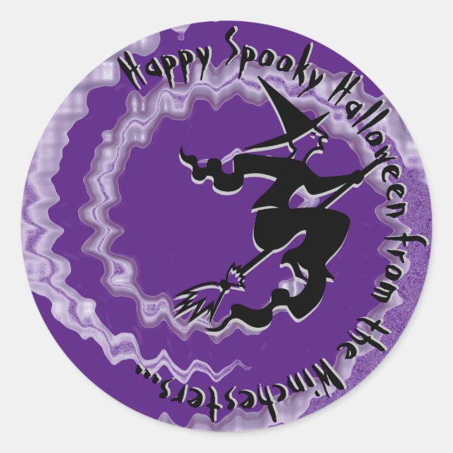Pegatina Redonda bruja voladora de Halloween hechizo de texto morad (Anverso)