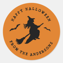 Pegatina Redonda Bruja voladora Halloween negro y Naranja