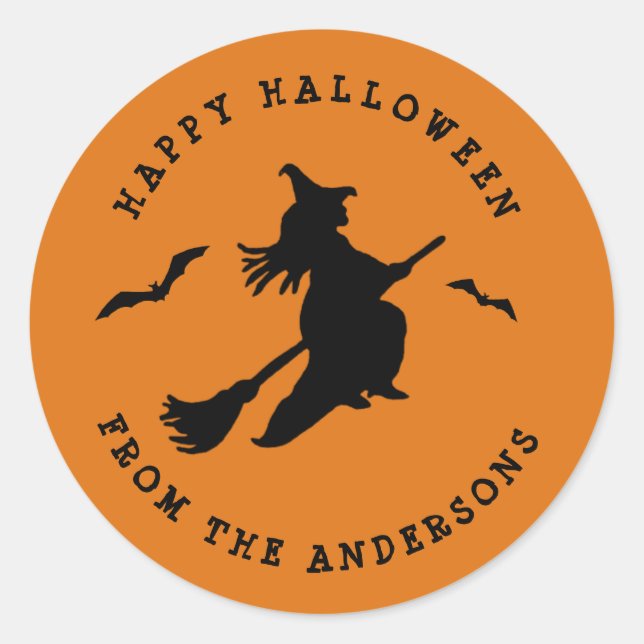 Pegatina Redonda Bruja voladora Halloween negro y Naranja (Anverso)