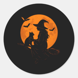 Pegatina Redonda Bruja y gatito negro adorable para Halloween