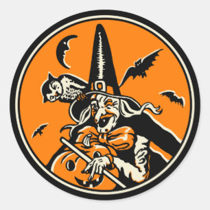Pegatina Redonda Bruja y Jack O'Lantern de Halloween del vintage