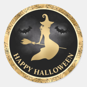 Pegatina Redonda Bruja y Murciélagos Gold & Black Feliz Halloween