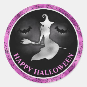 Pegatina Redonda Bruja y Murciélagos Morado y Negro Feliz Halloween
