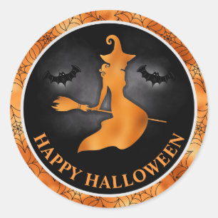 Pegatina Redonda Bruja y murciélagos Naranja y negro Feliz Hallowee
