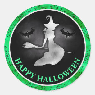 Pegatina Redonda Bruja y murciélagos Verde y negro Feliz Halloween