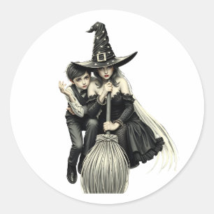 Pegatina Redonda Bruja y niño de Halloween: Dúo mágico oscuro