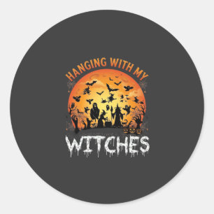 Pegatina Redonda Brujas Colgantes Luna de Halloween Murciélagos Cal