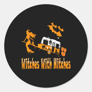 Pegatina Redonda Brujas con golpes acampando Fun Halloween