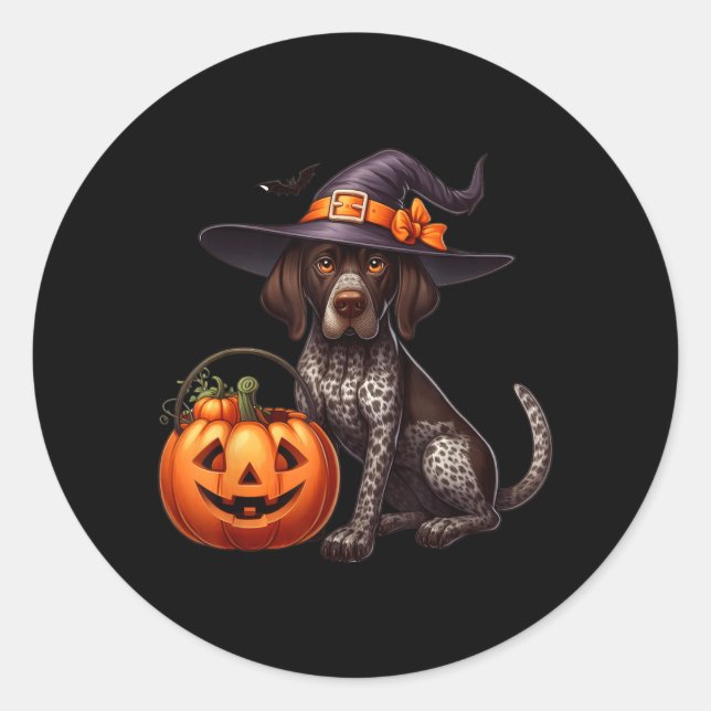 Pegatina Redonda Brujas de Halloween de Pointer de Pelo Corto Alemá (Anverso)