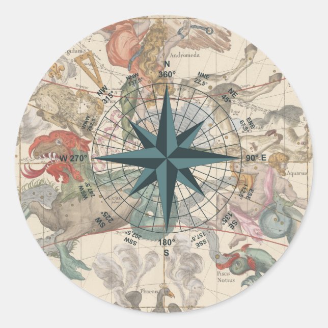 Pegatina Redonda Brújula en un mapa antiguo (Anverso)