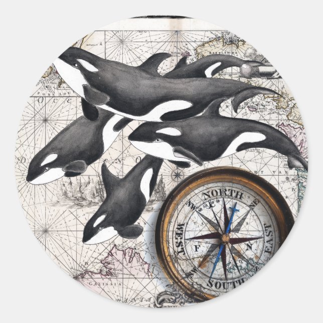 Pegatina Redonda Brújula nautica orca (Anverso)