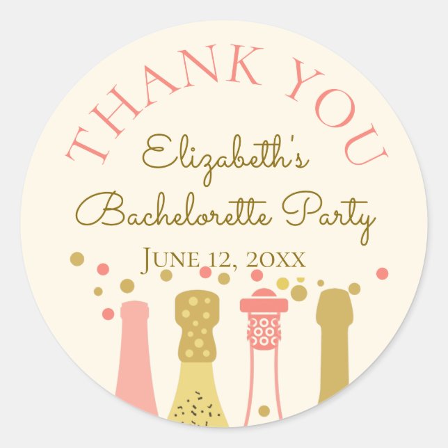Pegatina Redonda Brunch Bubbly Retro Bachelorette Party Gracias (Anverso)