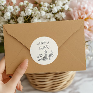 Pegatina Redonda Brunch de cumpleaños con vajilla negra dibujada a 