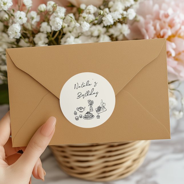 Pegatina Redonda Brunch de cumpleaños con vajilla negra dibujada a  (Subido por el creador)