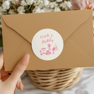 Pegatina Redonda Brunch de Cumpleaños Retro Dibujado Con Tableware 