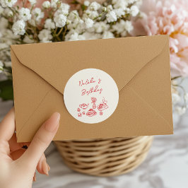 Pegatina Redonda Brunch de Cumpleaños Retro Dibujado con Vajilla Ro