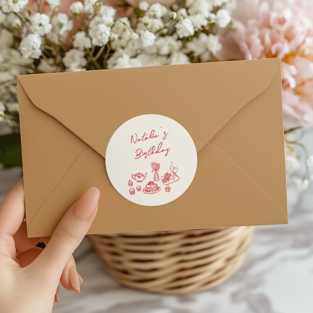 Pegatina Redonda Brunch de Cumpleaños Retro Dibujado con Vajilla Ro (Subido por el creador)