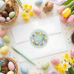 Pegatina Redonda Brunch de Pascua y Caza de Huevos Green Gingham