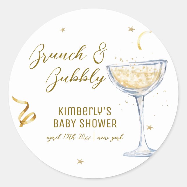 Pegatina Redonda Brunch Gold Elegante Bubbly Champagne Baby Shower (Anverso)