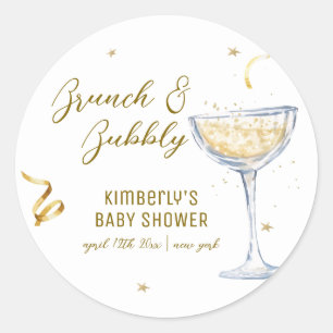 Pegatina Redonda Brunch Gold Elegante Bubbly Champagne Baby Shower