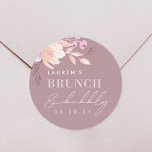Pegatina Redonda Brunéi de novias con flores rosadas y champán<br><div class="desc">pegatinas de ducha de personalizado con decoración de color rosa con un diseño floral de una tipografía elegante con un diseño de color chocolate.</div>