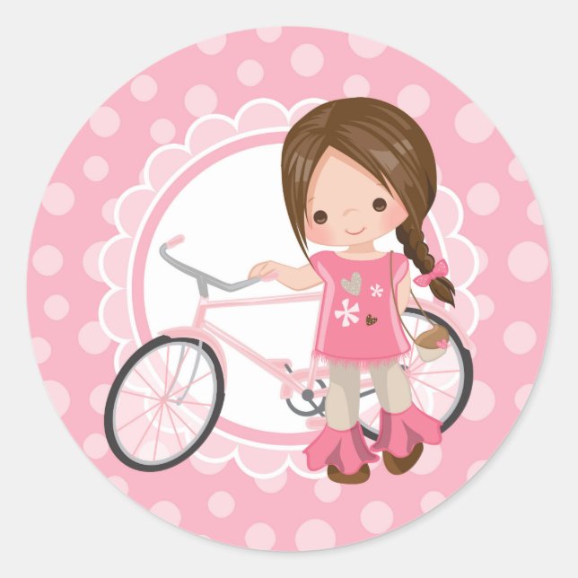 Pegatina Redonda Brunette Bicycle Girl - Pink White (Anverso)