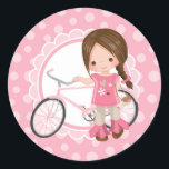 Pegatina Redonda Brunette Bicycle Girl - Pink White<br><div class="desc">This design features a cute brunette girl with her pink bicycle. On pink and white cute scallop accent background.</div>