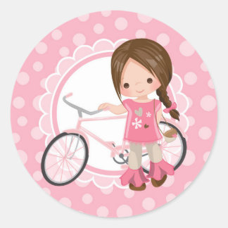 Pegatina Redonda Brunette Bicycle Girl - Pink White