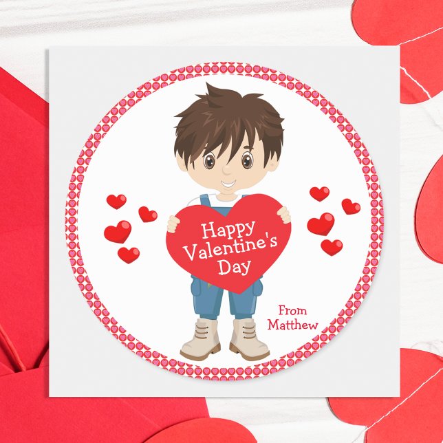 Pegatina Redonda Brunette Boy Feliz Día de San Valentín (Subido por el creador)