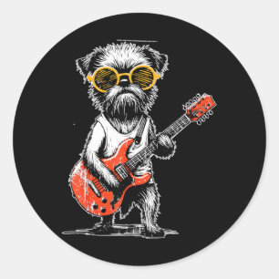 Pegatina Redonda Bruselas Griffon Antiguo Tocando Guitarra Música R